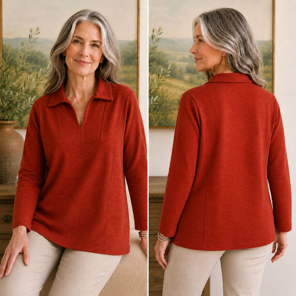 Pure Jill Organic Cotton Tunic Top L Rust Orange Knit Seam Collared Long Sleeve